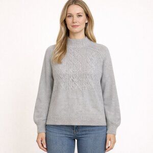 Cynthia Rowley Gray Cable Knit Lambswool Sweater M Balloon Sleeve Cozy